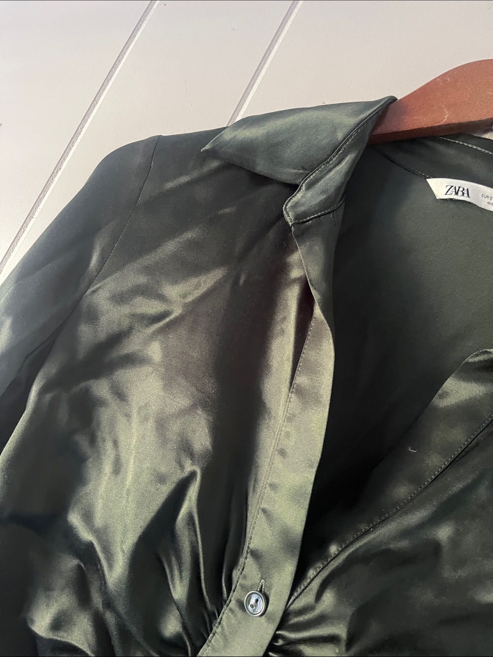 Zara Olive Satin Ruched Button-Front Shirt - Picture 11 of 13